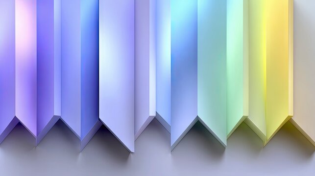 A close-up, abstract view of vertically aligned geometric shapes with a gradient of pastel colors from purple to yellow, illuminated by soft, diffused lighting.