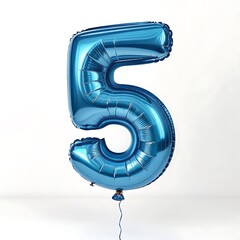 Shiny blue number 5 balloon isolated on white background