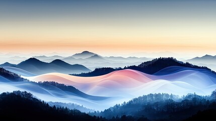 A panoramic view of layered mountains shrouded in mist, with soft pastel colors blending from blue to pink and orange at sunrise.