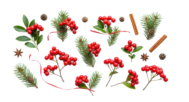 Christmas flat lay arrangement of rowan berries, evergreen sprigs, cinnamon sticks and anise stars isolated PNG with Transparent Background