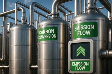 recycling carbon process solutions concept. Industrial carbon conversion and emission flow equipment.