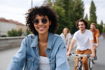 Multicultural group of friends cycling through a park in daylight