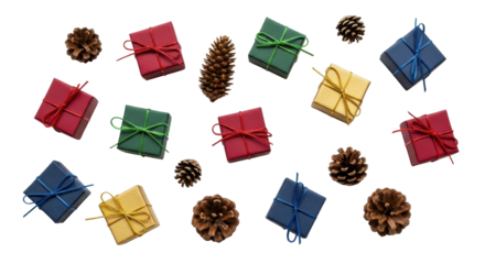 Colorful Christmas gift boxes with pine cones isolated PNG with Transparent Background