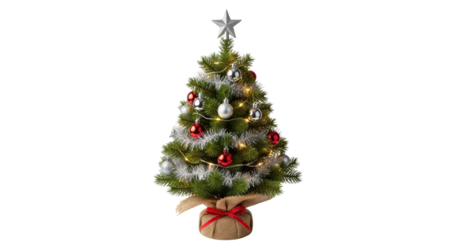 Small decorated Christmas tree with ornaments isolated PNG with Transparent Background - Powered by Adobe