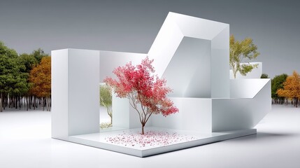 A minimalist architectural structure with clean white lines showcases trees with vibrant red and green foliage, set against a backdrop of an autumn forest under