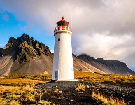 A white lighthouse with a red top stands before majestic, rugged, volcanic mountains under a partly cloudy sky