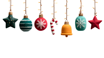Festive hanging Christmas icons including baubles, stars, candy canes, and bells with twinkling lights, accompanied by ""Merry Christmas and Happy New Year"" greeting text, elegant holiday design isol