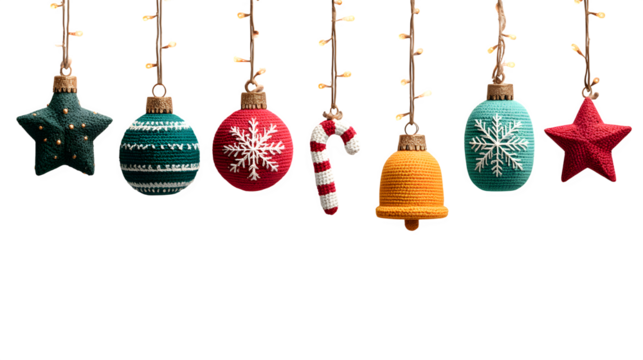 Festive hanging Christmas icons including baubles, stars, candy canes, and bells with twinkling lights, accompanied by ""Merry Christmas and Happy New Year"" greeting text, elegant holiday design isol