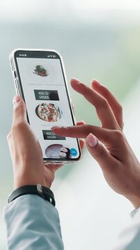 Hands, phone screen and food delivery with menu at office, choice and click with e commerce. Person, smartphone ui and scroll for meal, online shopping or decision with sale on web store at workplace