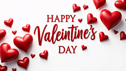 Scattered red hearts surround bold red text on white—clean layout and festive contrast evoke romantic clarity and Valentine’s Day warmth.
