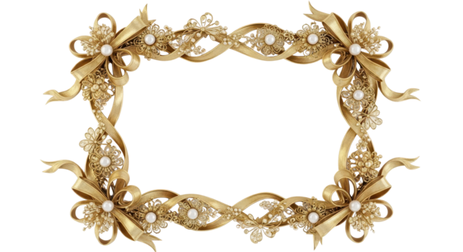 Elegant gold frame with floral and ribbon accents isolated PNG with Transparent Background