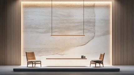 A minimalist interior design featuring two chairs, wooden shelves, and textured wall panels, illuminated by warm ambient lighting.