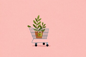 Plant-filled cart symbolizes mindful consumption and no-buy movement