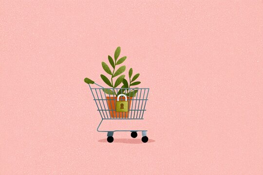 Plant-filled cart symbolizes mindful consumption and no-buy movement