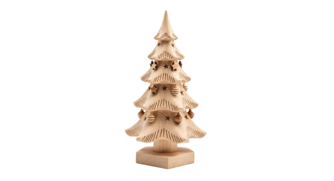 Handmade wooden Christmas tree with decorations isolated PNG with Transparent Background