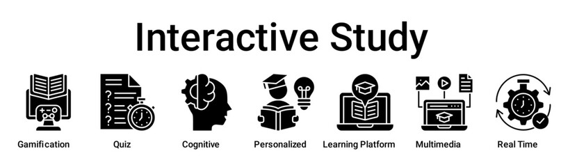 Interactive Study banner web icon vector illustration concept for education with icon of Gamification, Quiz, Cognitive, Personalized, Learning Platform, Multimedia, Real.