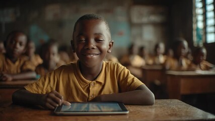 African students using digital tablet inside school classroom - Education, children and technology concept - Models by AI generative - Powered by Adobe