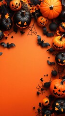 Halloween Jack-O'-Lantern Bat Spider Web Border Orange-Red Background Holiday Decoration Material Poster Invitation Social Media Background Design