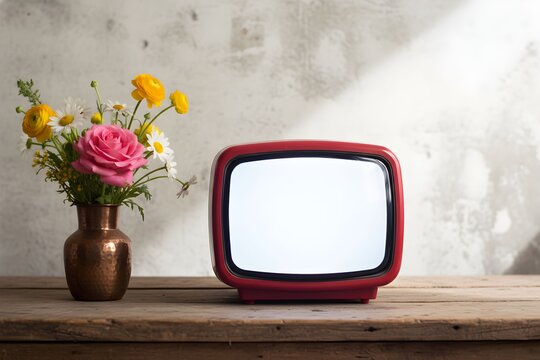 A vintage red television set sits on a wooden table next to a vase of colorful flowers.