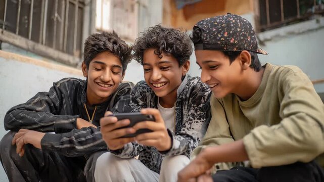 Indian teenager boys friends using mobile phone on city street - Young people, social media and technology concept - Models by AI generative