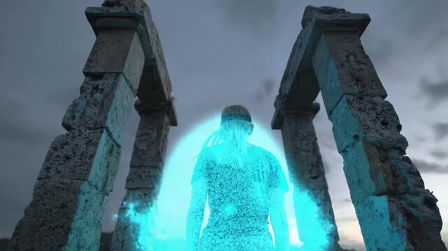 A person with their back to the camera stands in a glowing cyan energy halo between two stone arch pillars.