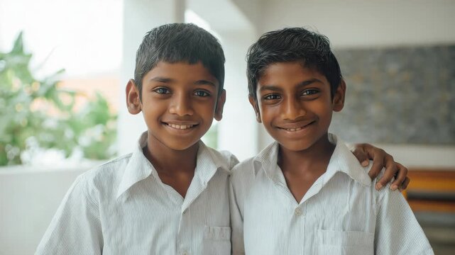 Indian teenager boys smiling on camera outdoor - Family, male children and school students concept - Models by AI generative