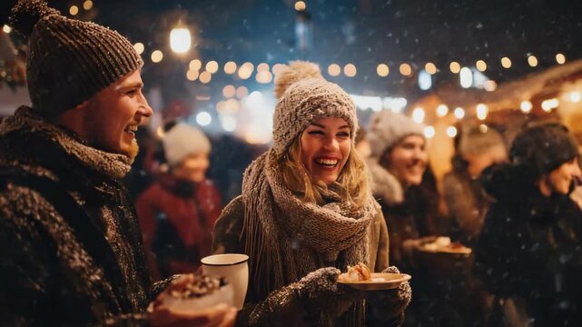 Happy young people doing party at Christmas market during winter season outdoor - Snow, friends and xmas concept - Models by AI generative