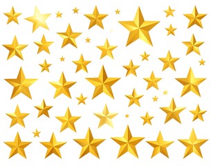 A collection of golden star shapes, varying in size, scattered across a white background, conveying celebration