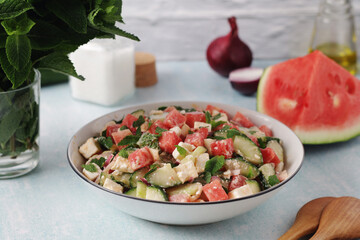 Watermelon and cottage cheese salad served for lunch	
