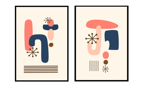Set of two pink abstract mid century modern wall art. Minimalist wall print for scandinavian home.