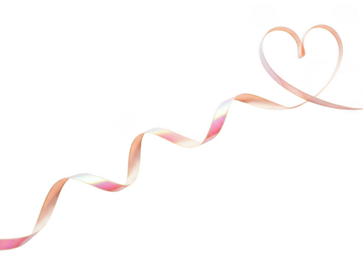 A delicate ribbon gracefully curling into a heart shape, with a long flowing tail, isolated on transparent background