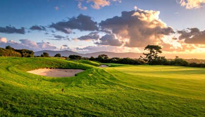 A golf course with green grass and a sand bunker basks in a sunset, with mountains in the distant background
