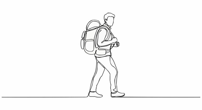 Adventurous hiker with backpack walking on a trail, exploring nature.