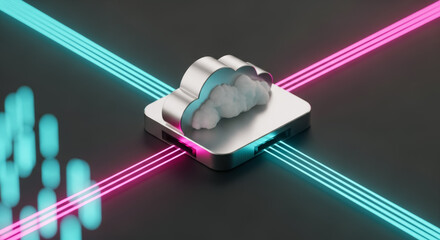 A sleek, modern image of a cloud computing icon, illuminated by intersecting streams of neon light. A dynamic representation of digital connectivity and technological advancement.