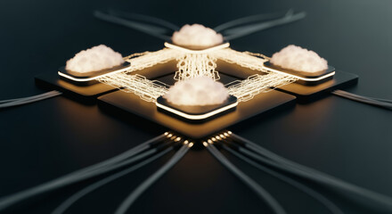 An abstract, high-tech representation of interconnected computer processing, a conceptual visualization of a network and technology.