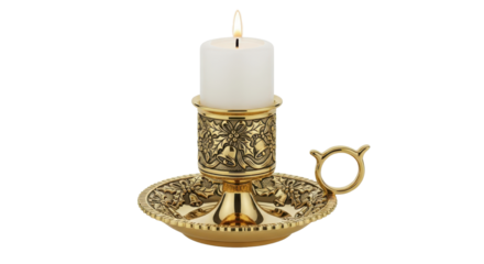 Ornate Vintage Gold Brass Chamberstick Candle Holder with Burning White Pillar Candle isolated PNG with Transparent Background