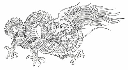 Intricate Line Art Drawing of a Majestic Chinese Dragon.