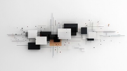 An abstract composition featuring overlapping black and white squares and thin lines against a clean white background. Small dots and subtle copper accents add