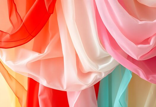 Close-up of vibrant, flowing sheer fabrics in multiple colors, creating a soft and translucent textile background. - Powered by Adobe