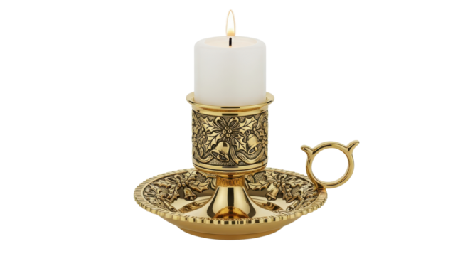 Ornate Vintage Gold Brass Chamberstick Candle Holder with Burning White Pillar Candle isolated PNG with Transparent Background