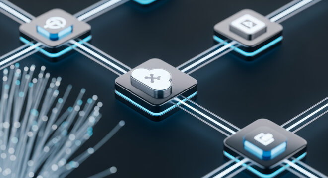 An intricate technological network of interconnected squares, illuminated with a vibrant electric blue, suggests a futuristic data center and a cloud-based server.