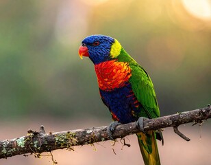 Rainbow Lorikeet Perched on Branch at Sunrise