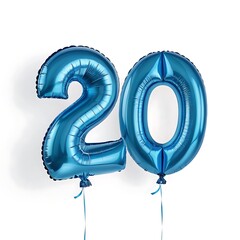 Two shiny blue number 20 balloons isolated on white background