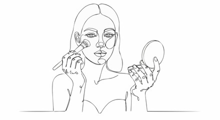 Woman applying makeup with brush and mirror line art.