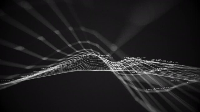 3D data grid animation with coordinate overlays and tracking lines, abstract black and white visualization for AI, scanning, and recognition systems