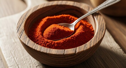 Close-up of a wooden bowl filled with vibrant red paprika spice, a silver spoon resting inside, ready for culinary use