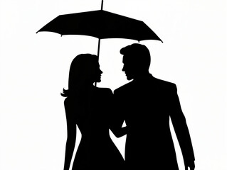 Silhouette of a man and woman standing together under an umbrella. Romantic couple, isolated on white background.