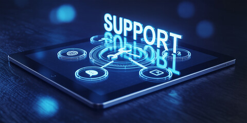 Tablet Displaying Support Service Icons and Text technology