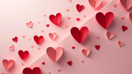 Red and pink 3D hearts scatter on light pink—elegant cursive text celebrates Valentine’s Day with warmth, charm, and romantic clarity.
