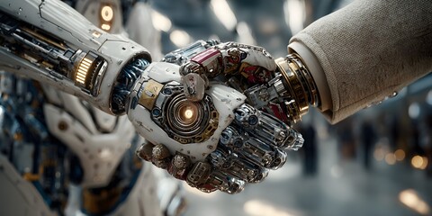 Close-up of a futuristic robotic hand holding and shaking hands with a human hand in a high-tech environment symbolizing collaboration technology and innovation
